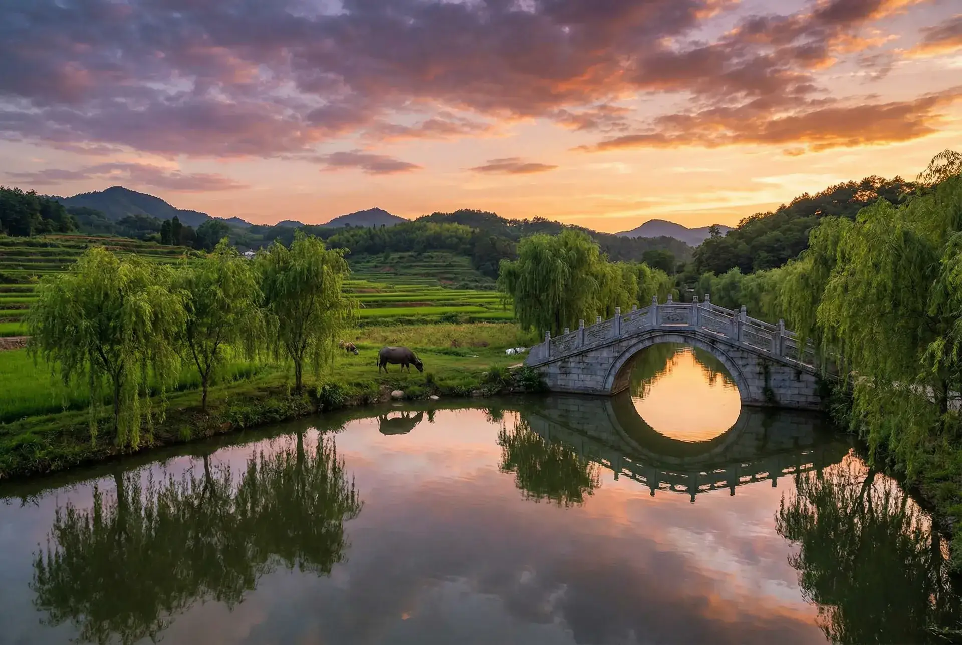 夕阳下的石拱桥与垂柳，水牛在河边吃草 - 2022年高考分数查询 乡村美景